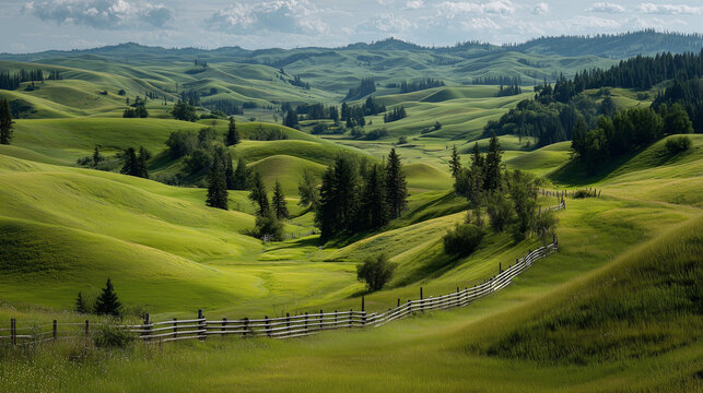 Rolling green hills with trees and a wooden fence under a soft cloudy sky. Peaceful rural landscape bathed in sunlight - Powered by Adobe