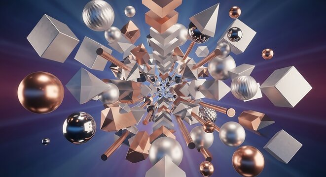 Dynamic geometric shapes design with light trails and metallic surfaces