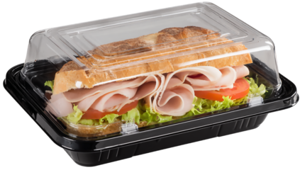 A sandwich with ham and vegetables in a plastic container on white isolated on transparent background