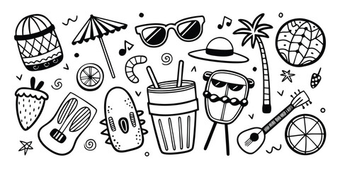 Summer beach party doodle collection music drinks sunshine fun and tropical vibes