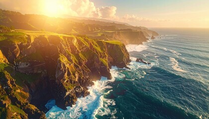 Coastal Cliffside Overlooking Ocean at Sunset with Sunlight Gleaming on Water Surface and Lush Green Vegetation Landscape Aerial View