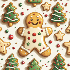 Naklejka premium Gingerbread man, tree and star cookies decorated with white, red and green icing form a dense seamless pattern on a light background, crisp edges, soft studio light, cozy festive mood and plenty of co