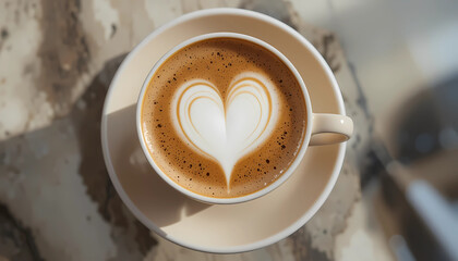 Overhead shot of a cappuccino with a heart shape in the foam, a symbol of love and affection