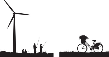 Quiet moments and sustainable choices a striking silhouette illustration featuring wind turbines, people enjoying fishing, and a bicycle with flowers, symbolizing an eco-friendly existence