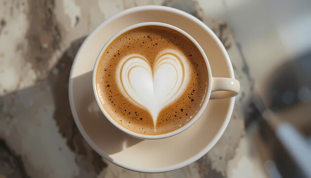 Overhead shot of a cappuccino with a heart shape in the foam, a symbol of love and affection