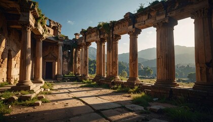 Fototapeta premium Ancient Stone Ruins with Columns Against a Sunny Sky Landscape View