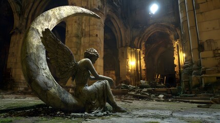 Lonely fairy statue with cracked wings, sitting beneath a crescent moon in a ruined cathedral
