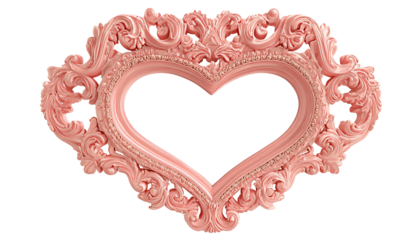 Ornate pink heart shaped frame with detailed scrollwork design style isolated on transparent background