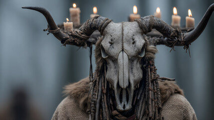 Man with a long beard and animal skull on his head. Warrior or druid concept. Fantasy and ancient mythology.