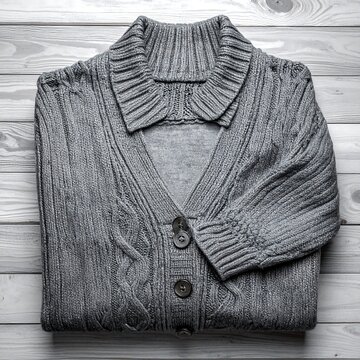 Gray cardigan folded on a light wooden surface