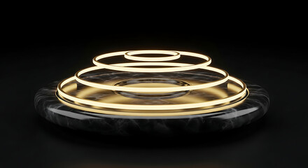 Abstract glowing golden rings stage podium futuristic sci fi presentation platform light