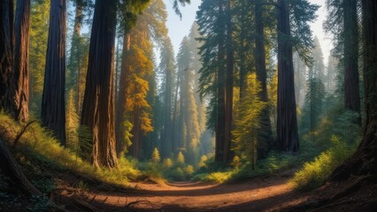 Obraz premium Forest path among towering redwood trees