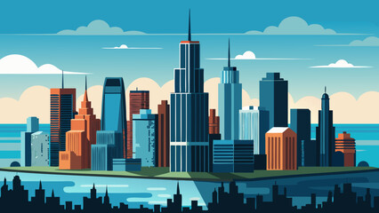 Obraz premium Vector art of vibrant city skyline illustration with modern skyscrapers, reflecting urban energy and architectural innovation against a serene blue sky backdrop