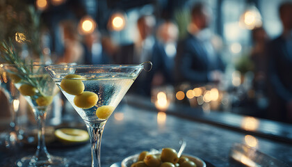 Elegant martini cocktails with olives, lemon twists served at corporate event. Business people in suits network in blurred background. Sophisticated celebration, luxury hospitality, social gathering