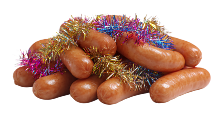 Pile of sausages decorated with colorful tinsel on a  isolated on transparent background