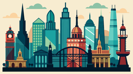 Obraz premium Vector art of a vibrant illustration of a diverse city skyline featuring iconic buildings and landmarks, showcasing architectural variety and cultural richness