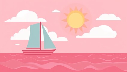 Naklejka premium A simple, flat illustration of a sailboat on the sea with a pink sky and sun