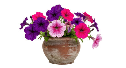 Vibrant purple and pink Petunia flowers planted in an old distressed terracotta clay pot isolated on white