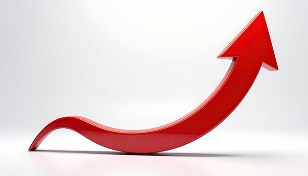 A vibrant red, three-dimensional arrow curves upward, suggesting growth or progress against a plain white background