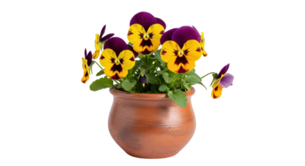 Isolated Potted Pansy flowers with purple and yellow blooms in a terracotta clay pot