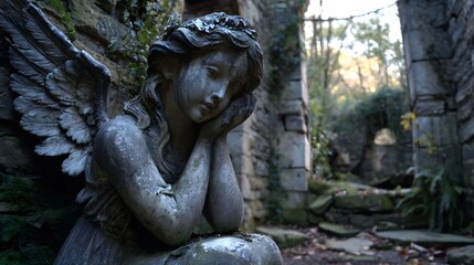 A wistful fairy statue in an abandoned castle courtyard, moonlight reflecting off her wings