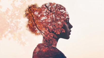 Woman profile silhouette with autumn tree and red leaves double exposure. Nature connection double exposure. Mental health concept.