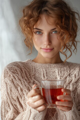 Peaceful young woman with curly hair in a cozy sweater holding a cup of tea by the window, bathed in warm light