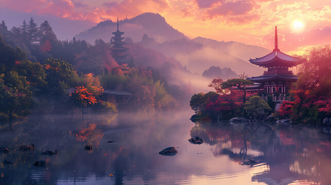 Japanese dream. Dreamy asian landscape at sunrise