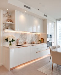 A modern, bright kitchen boasts white cabinetry with rose gold accents, showcasing a sophisticated and elegant design.