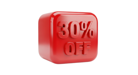 30% OFF Red Shiny Discount Cube 3D Render Isolated on White Background