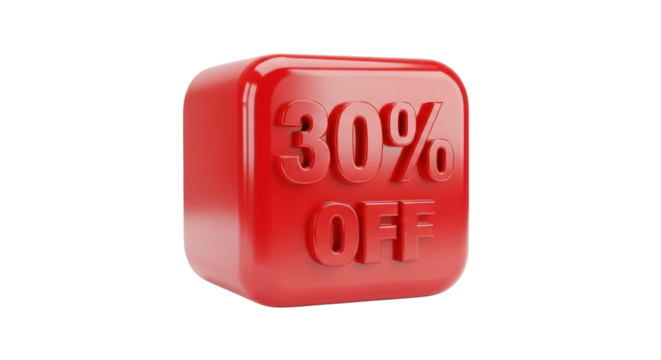Red block with 30% OFF message for sale promotion isolated PNG with Transparent Background