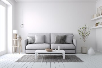 Fototapeta premium A modern living room design featuring a light gray sofa, white coffee table, and a minimalist plant arrangement.