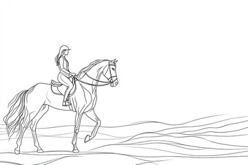Fototapeta premium A single line drawing of a horse and rider, with a woman rider on a white background