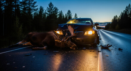 Car crash with dead moose on a dark wet road. Animal collision accident leading to traffic hazard. Dangerous wildlife encounter.