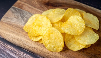 Pile of potato chips on a wooden board