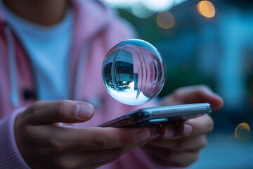 Person levitating crystal ball above smartphone symbolizing digital magic 