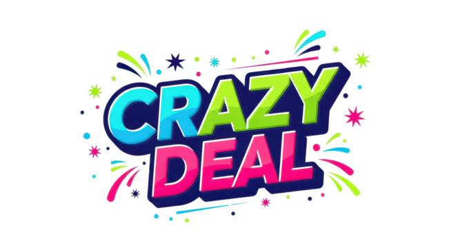 Bold colorful "CRAZY DEAL" text design isolated with explosion and confetti graphic