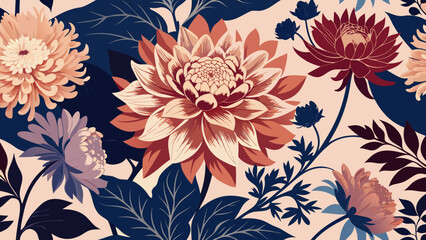 Vector art of vibrant floral pattern featuring chrysanthemums and dahlias in a bold style, with a striking contrast of warm and cool colors on a light background