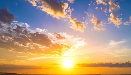 Obraz premium Dramatic Sunset with Golden Light and Blue Sky Over Horizon with Scattered Clouds Landscape Background Vibrant Sky Scenery Aerial View
