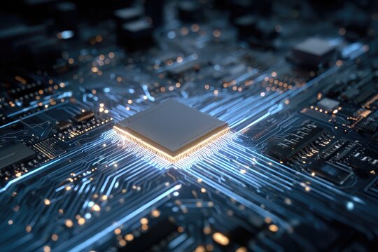 High-Tech Computer Microprocessor on Circuit Board. - Powered by Adobe