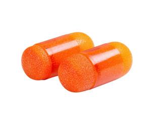 Two orange foam earplugs lying next to each other on  a isolated on transparent background