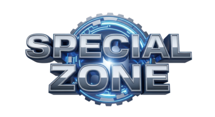 "SPECIAL ZONE" Futuristic Chrome Metallic 3D Text Title isolated on White Background