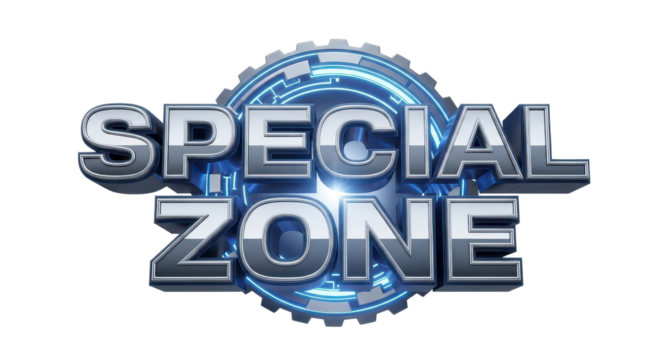 Special Zone metallic logo on blue glowing gear isolated PNG with Transparent Background