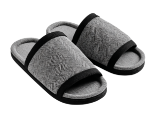 A pair of gray herringbone slippers with black trim on a   isolated on transparent background