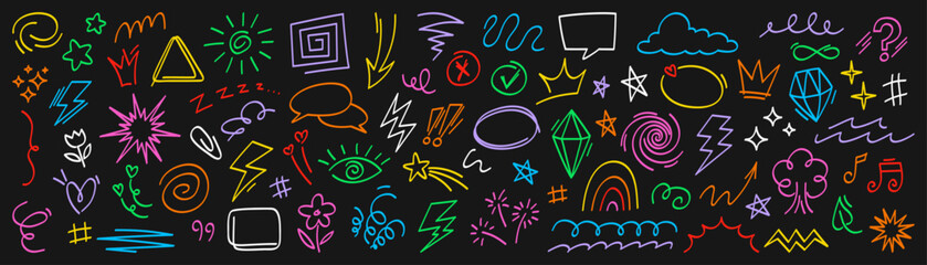 A doodle set. A collection of hand-drawn vector neon sketches featuring arrows, stars, crowns, hearts, clouds, spirals, speech bubbles, and geometric shapes. Abstract background