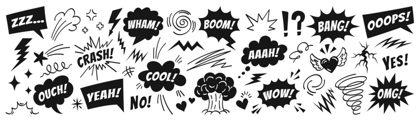 Comics doodle set. Hand drawn black and white pop art sound effects with text boom, crash, wham, wow, omg, yeah, ouch, cool, bang, zzz, comic explosion and doodle elements