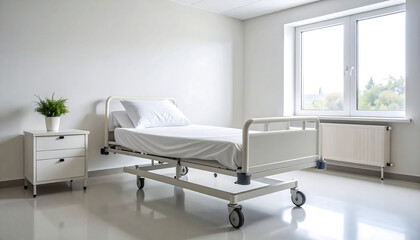 A clean minimalist, modern recovery room with a single hospital bed, soft neutral walls. Medical equipment and surgical instruments used in healthcare