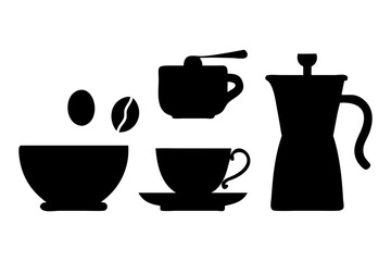 Black silhouette icons of coffee cup bean maker grinder and pot on a white isolated background.vector icon
