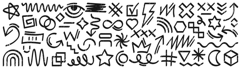 A set of grunge doodle elements. Abstract graffiti background. A collection of hand drawn vector sketches with stars, arrows, crowns, hearts, and lightning bolts, isolated on a white background
