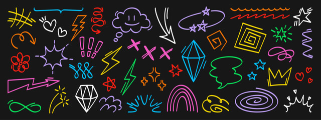 Colorful doodle elements on a black background. A collection of hand drawn sketch icons featuring arrows, stars, hearts, clouds, lightning bolts, diamonds, rainbows, and crowns. Abstract background